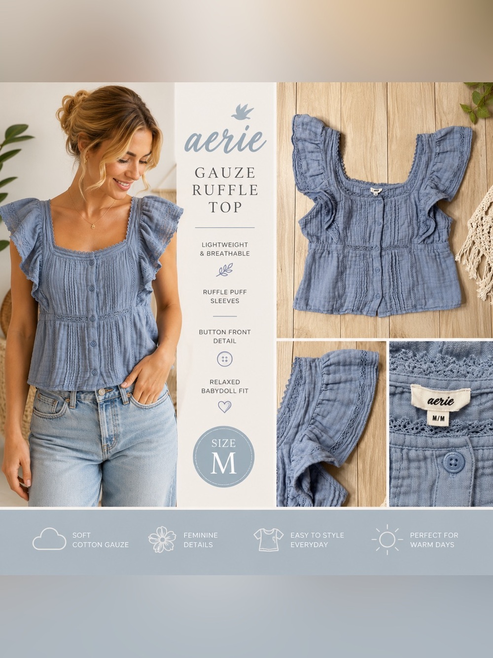 Aerie Blue Gray Gauze Ruffle Puff Sleeve Button Front Babydoll Top M